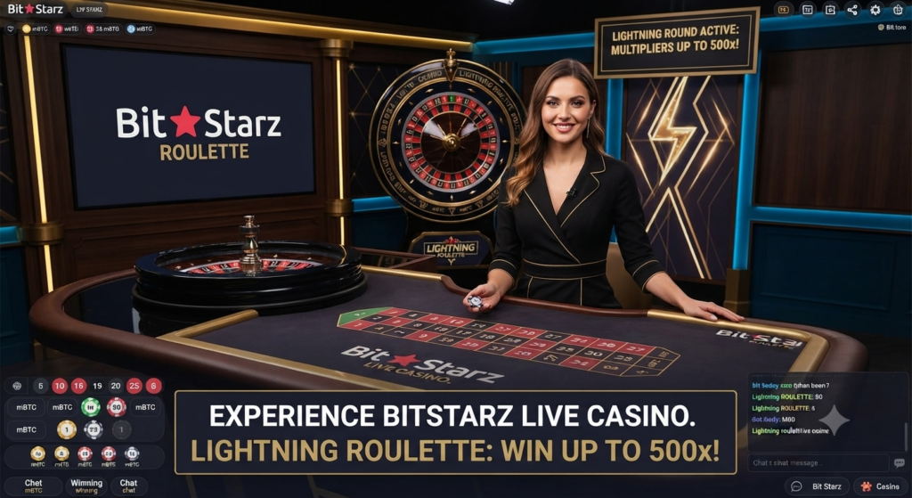 BitStarz Live Casino studio featuring a professional female dealer at a Lightning Roulette table. A large digital screen in the background shows 'LIGHTNING ROUND ACTIVE: MULTIPLIERS UP TO 500x!'. Branded chips and game interface are visible in the foreground.
