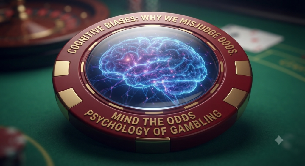 Conceptual illustration of a neural network brain inside a casino chip representing cognitive biases in gambling.